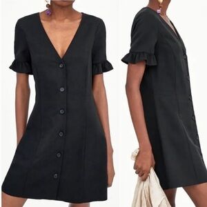 ZARA, New, Trf Black Ruffle Sleeve Button Front Sheath Shirt Dress Size Large